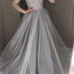 Long Sleeves Evening Dresses Grey A-Line Pearls Tulle Long Prom Dresses