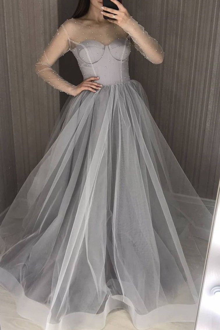 Long Sleeves Evening Dresses Grey A-Line Pearls Tulle Long Prom Dresses Long Sleeves Evening Dresses Grey A-Line Pearls Tulle Long Prom Dresses